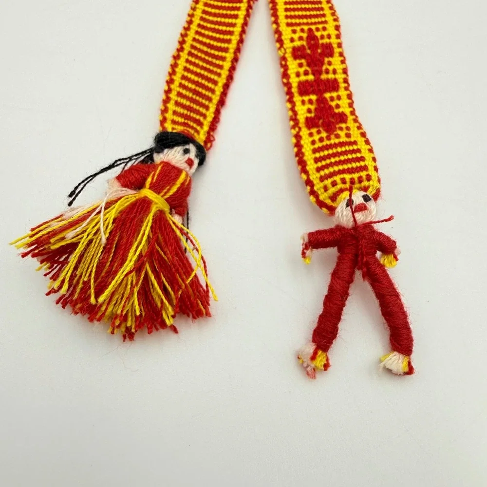 Vintage Guatemalan Handwoven Worry Doll Belt Sash Red Yellow Geometric 52 Inch